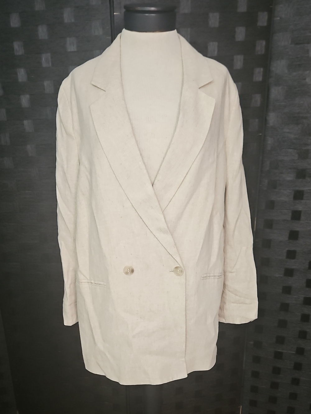 Women's H&M Cream Double-Breasted Linen-Blend Blazer Size XL